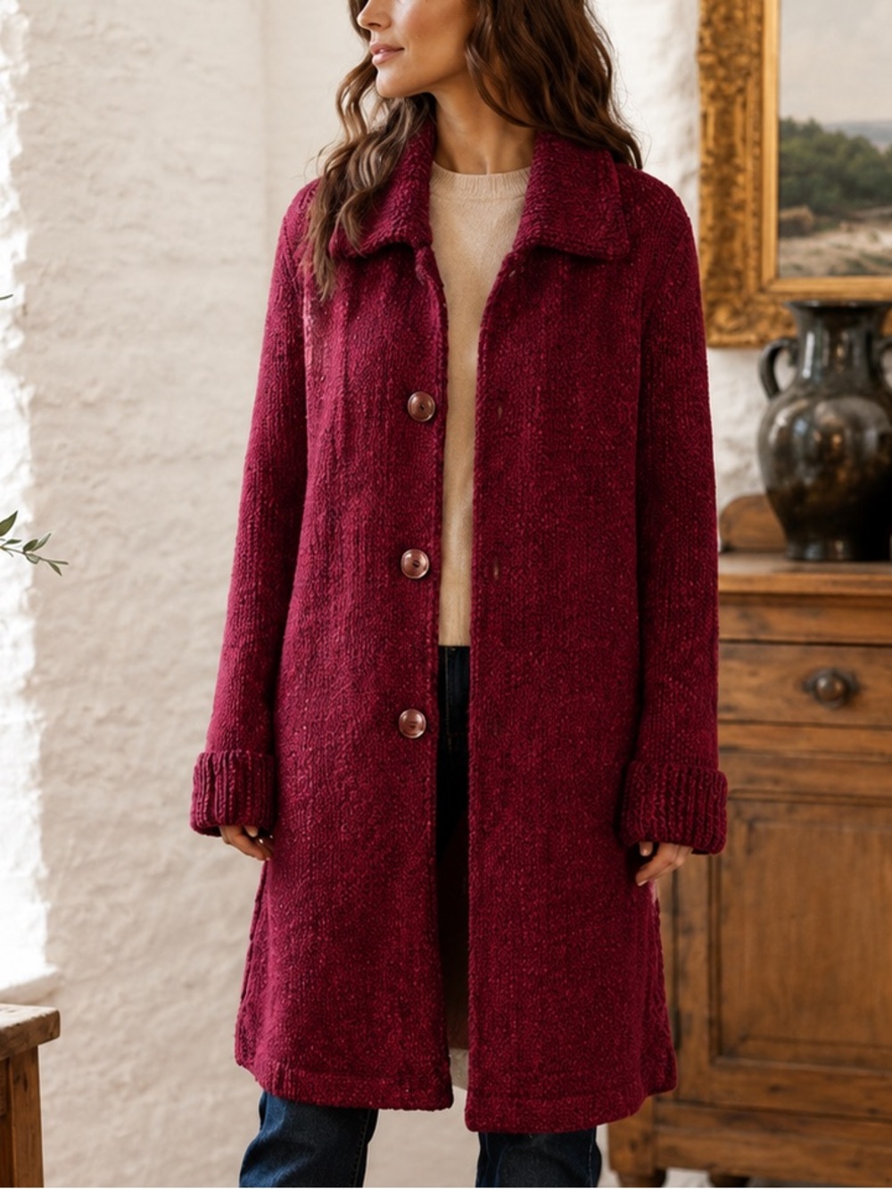 Irish Wool Sweater Coat Burgundy Chunky Tweed Cardigan M/L